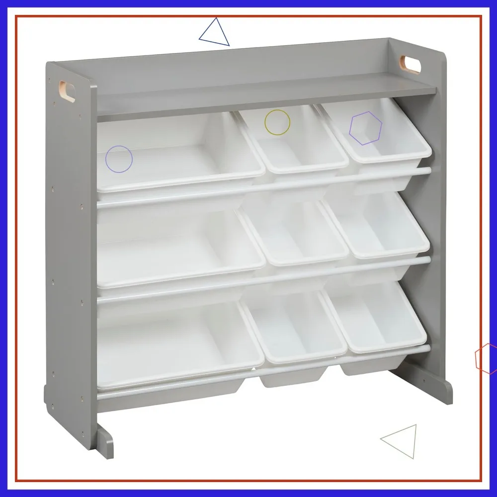 Organizer per giocattoli per bambini a 3 livelli con 9 contenitori e ripiano, grigio/bianco, design durevole per la casa e l'aula