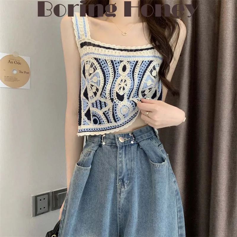 

Boring Honey French Chic Sweet Spicy Suspender Vest Summer Thin Hollow Out Bohemian Short Top Women All-Match Slim Loose Top