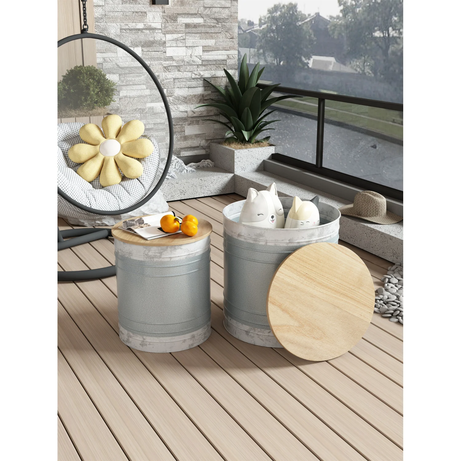 

Farmhouse Rustic Distressed Metal Accent Cocktail Table with wood top-WHT, Set of 2