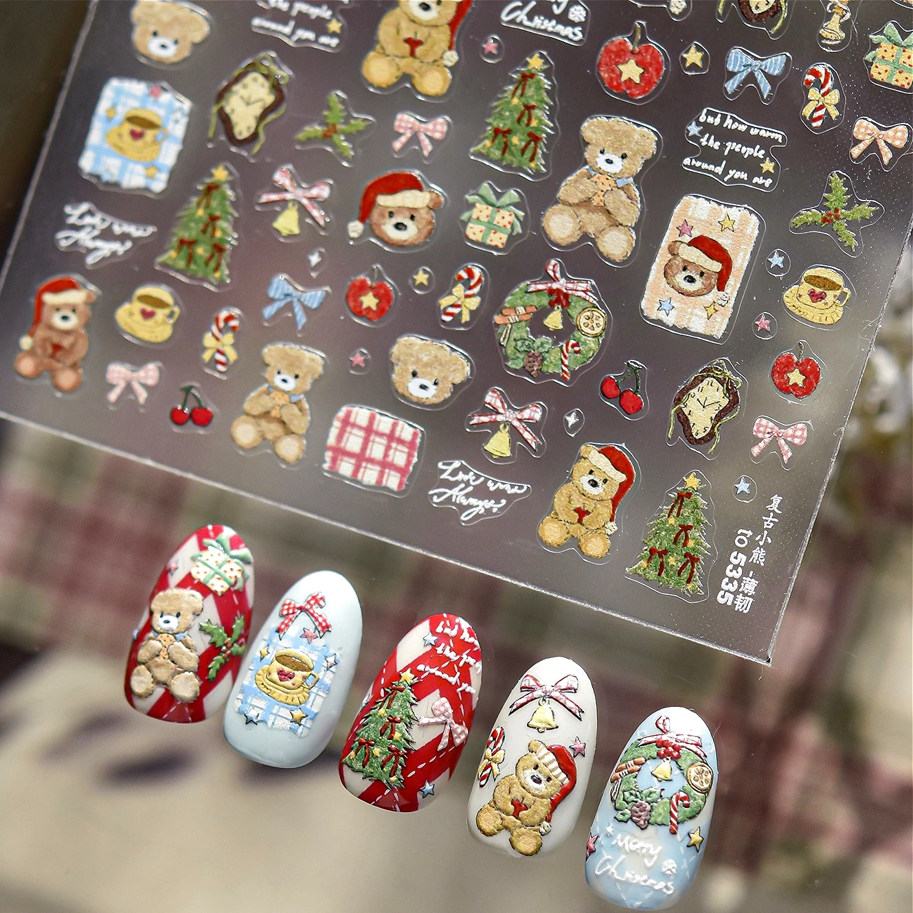 

Retro Bear Apple Star Snowman Bowknot Ribbon Christmas Tree Snowflakes Santa Claus Winter Crystal Ball Nail Art Stickers Decals