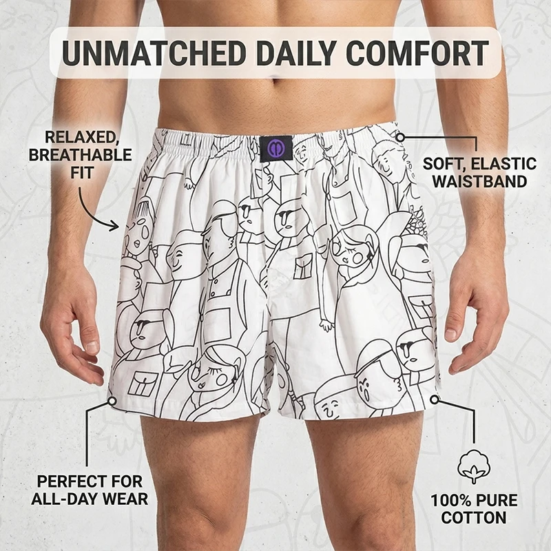 Men's Summer 100% Cotton Cartoon Sketch Print Aro Pants Relaxed Boxer Shorts Soft Breathable Elastic Waist Sleepwear Underwear