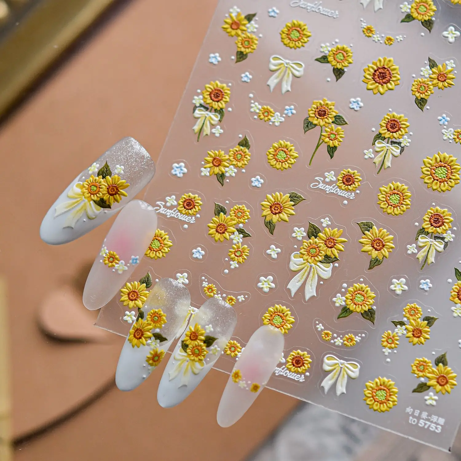 5D Relief Nail Stickers Modern Minimalist Sunflower Nail Decorations Self Adhesive Transfer Sticker For Nails DIY Manicure Decal view 5