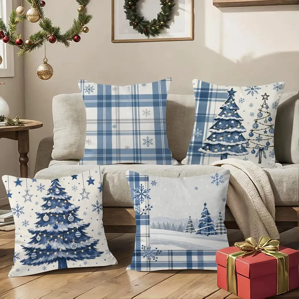 Blue Christmas Wall Art Cushion Cover 1/4Pcs Soft Plush Throw Pillow Cover Double-Sided Print Sofa Living Room Decor