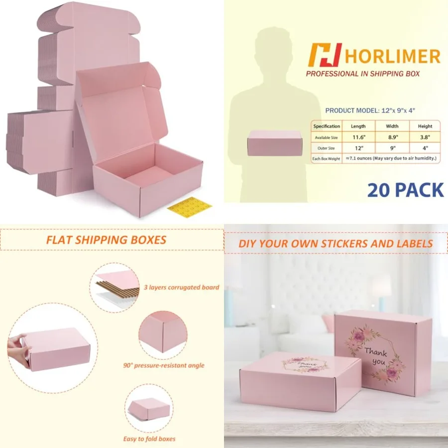 

12x9x4 Inch Shipping Boxes Set of 20, Pink Corrugated Cardboard Gift Box for Packing, Mailing, Small Business
