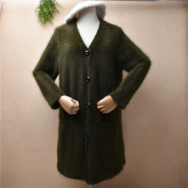 Female Women Fall Winter Clothing Green Hairy Mink Cashmere Knitted V-Neck Long Sleeve Loose Cardigan Mantle Jacket Coat Sweater