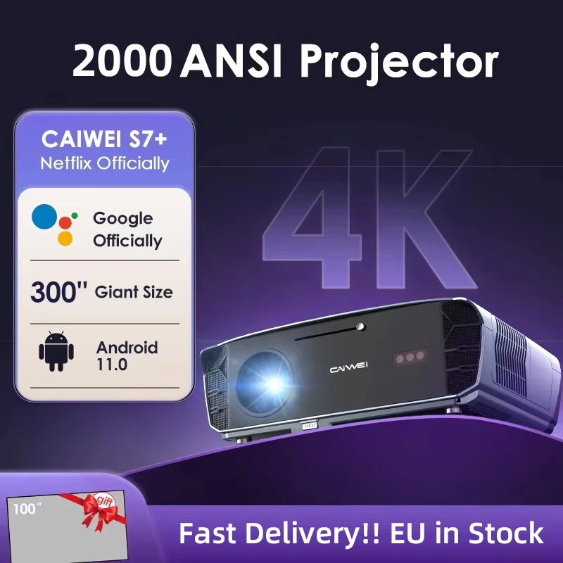 

CAIWEI S7+ [Netflix Officially-Licensed] Android 11 4K Ultra HD Home Projectors for Movies Auto Focus Dolby 2000 ANSI Projector