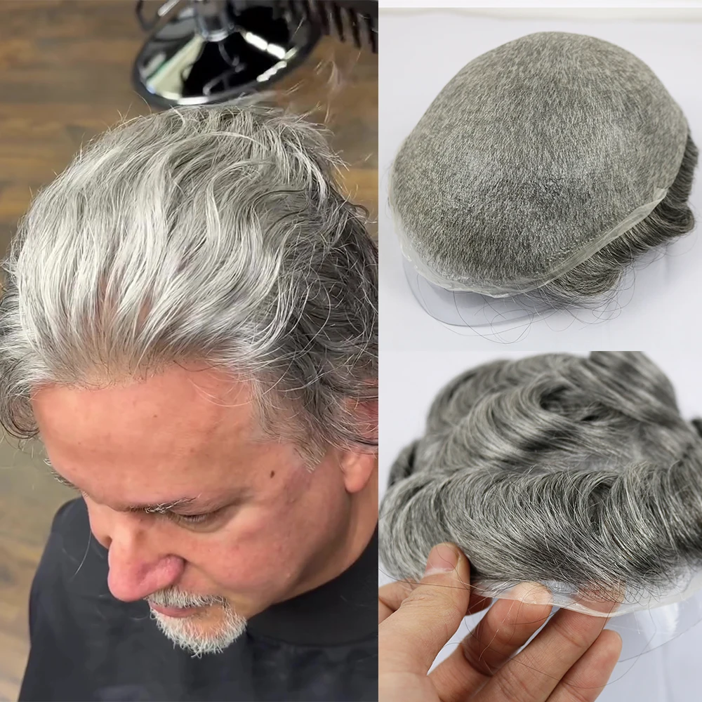 1B65 1B80 Grey Blonde Men Toupee Human Hair 0.02-0.03mm Super Thin Skin Natural Hairline Hair Replacement System for Hair Loss