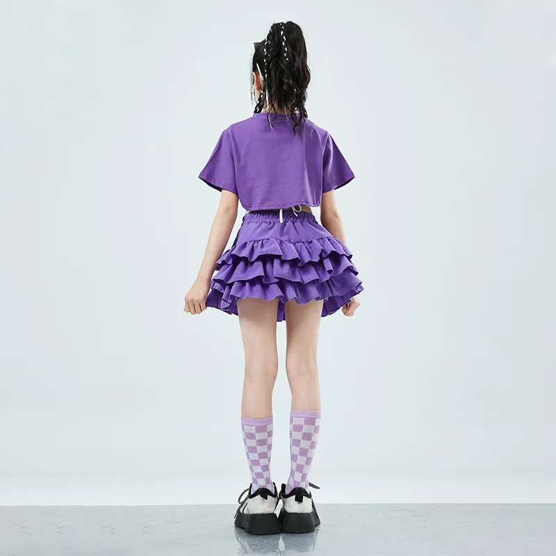 Girls Cute Summer Streetwear Children Hip Hop Crop Top Purple Tiered Skirts Clothes Sets Kids Teens Street Dance Jazz Costumes