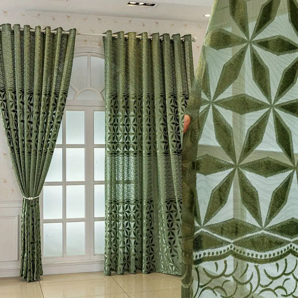 1pcOlive Green Cut Velvet Sheer Curtain Geometric Floral Pattern Voile Light Filtering Drapes for Living Room Bedroom Home Decor