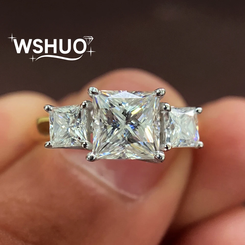 

4Carat Princess Cut All Moissanite Engagement Ring for Women S925 Silver 3-Diamond Wedding Band with Certificates Jewelry Gift