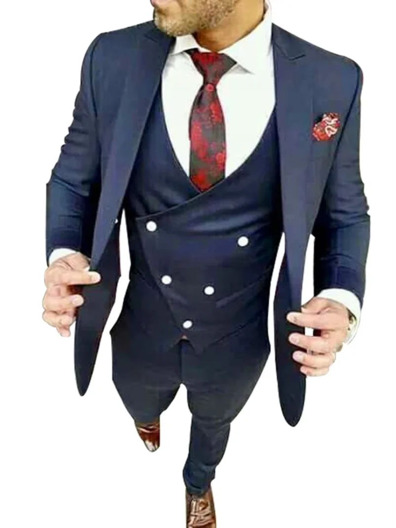 

3 Pieces Navy Blue Mens Groom Tuxedos Wedding Suits for Men British Style Costume Hommes Slim Fit Blazer (Jacket+Vest+Pants)