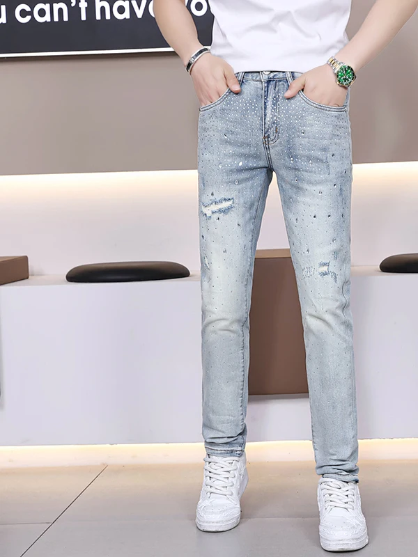 

Модные мужские джинсы слим-фит с стразами и рваными элементами, повседневные длинные брюки из эластичного хлопкового денима, средняя посадка, на молнии, лето 2025