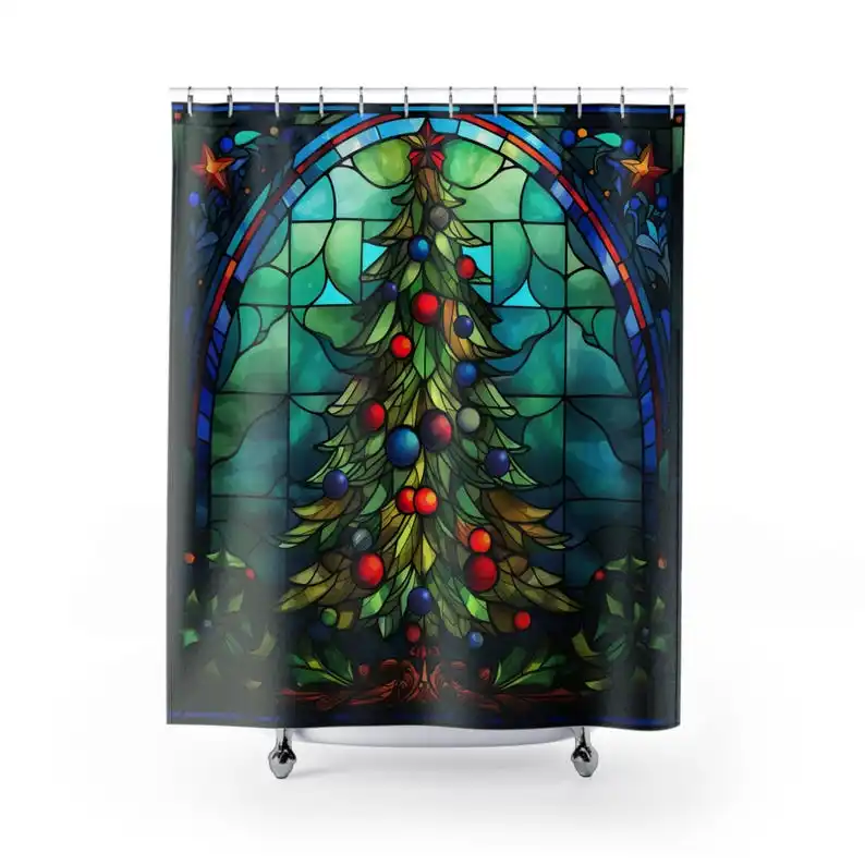 

Stained Glass Christmas Tree Shower Curtain Green Red Home Decor for Festive Bathroom Styling