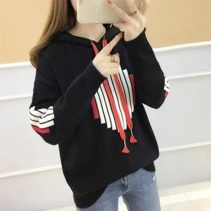 Streetwear Contrasting Colors Striped Sweatshirts 2022 Autumn Winter Female Clothing Hooded Drawstring Casual Loose Pullovers