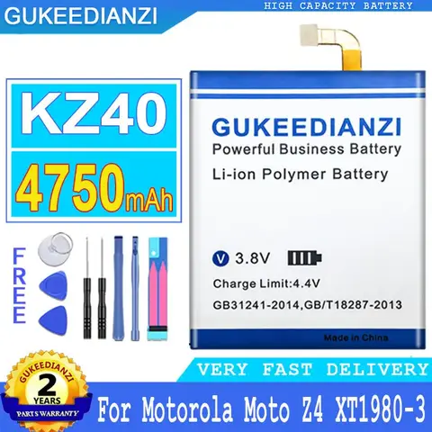 GUKEEDIANZI Replacement Battery, KZ40, KZ 40, 4750mAh,for Motorola Moto Z4, Z 4, XT1980-3, High Quality Batteries, + Tools
