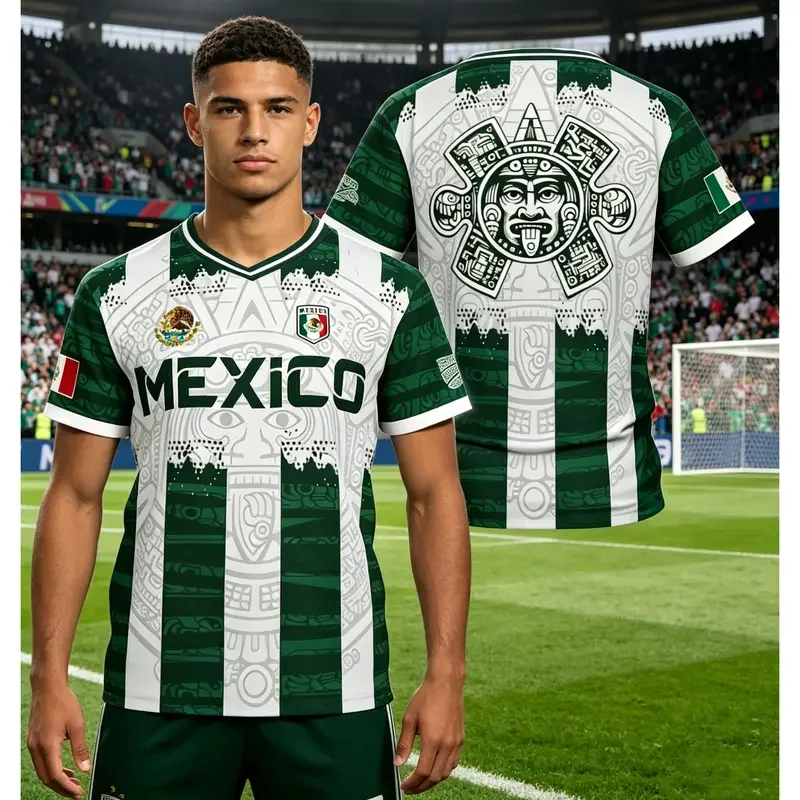 Mexico Aztec Sun Calendar Graphic Training Jersey Men, Quick‑Dry V‑Neck Sport Tee, Ethnic Streetwear Top for Football Vacation