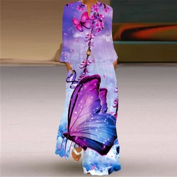 Fashion Butterfly Printed Long Summer Thin dress Pocket Sexy V-neck Long Sleeve Dresses Women Party Ankle-Length Vintage Pocket