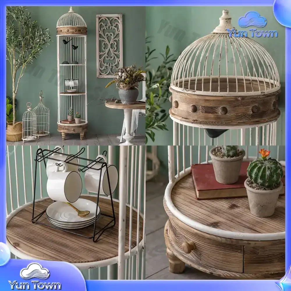 French Style Iron Vintage Multi-Tier Display Shelf for Living Room Bedroom Store Window with Drawer Storage Stand for Home
