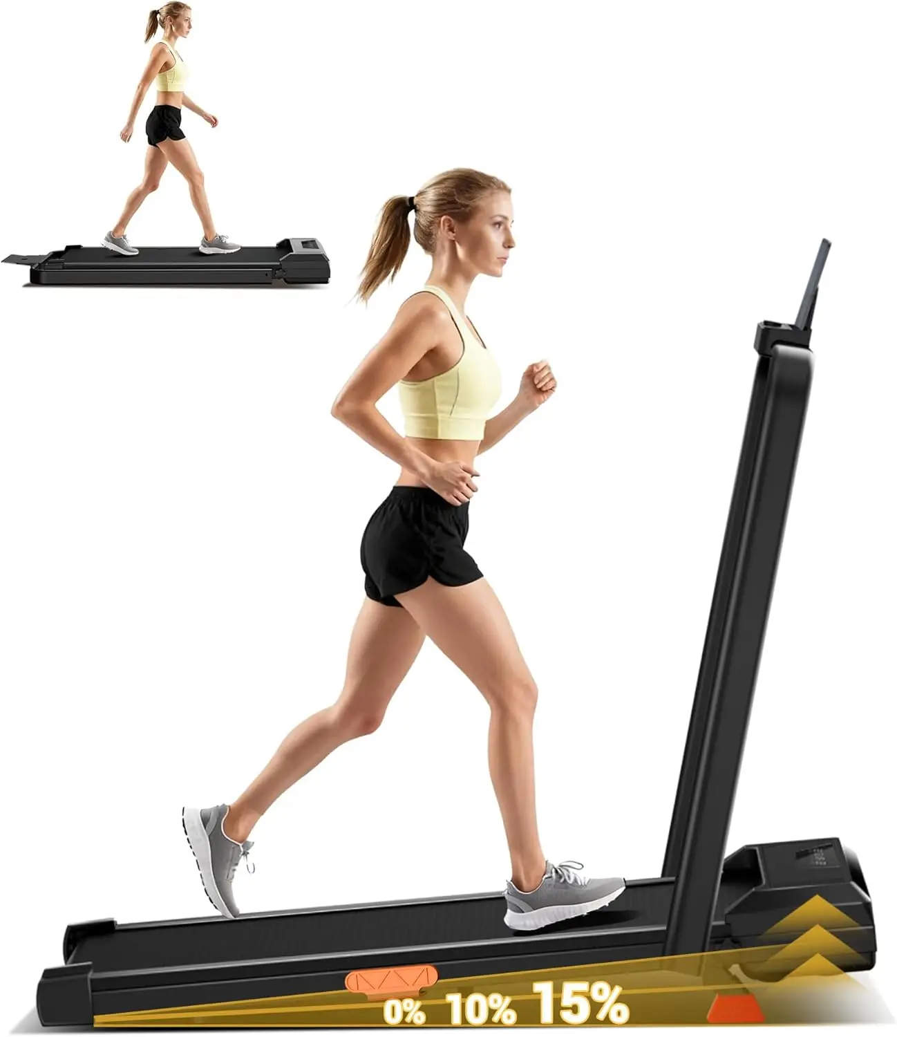 Portable Treadmill for Home and Office, Aluminum Material, Silver Color, 15% Incline, 2.5HP Quiet, 300 LBS Capacity
