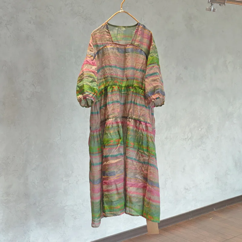 Dünnes Sommer-Maxikleid für Damen aus 100 % Ramie, weibliches Maxikleid mit Blumenmuster, Urlaubsmaxikleid, Rundhalsausschnitt, kurze Ärmel, modische Damenrobe