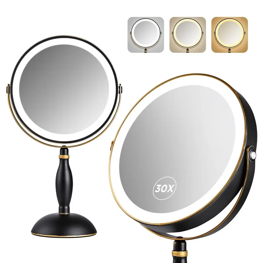 

Зеркало с подсветкой, матовое черное с золотой отделкой, косметическое зеркало с 3 цветами подсветки и регулируемой яркостью, 5000 мАч