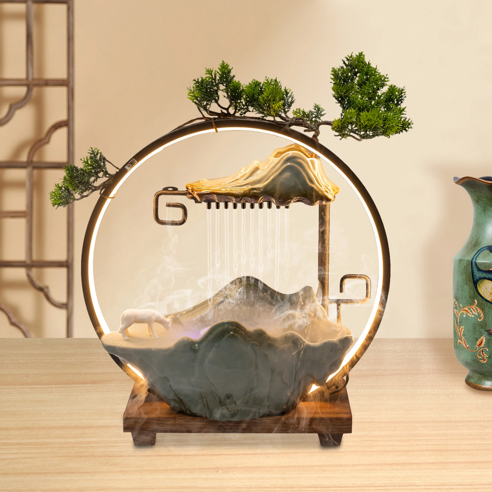 

Green Ceramic Tabletop Water Fountains,Waterfall with Mist LED Indoor Water Fountains 35*18*38cm for Meditation