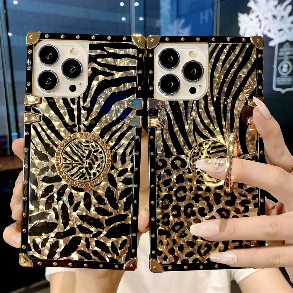 Luxury Leopard Gold Plating Case for iPhone 16 15 Pro Max 14 13 12 11 XR X 8 7 Plus Glitter Diamond Ring Stand Cover Funda 15Pro