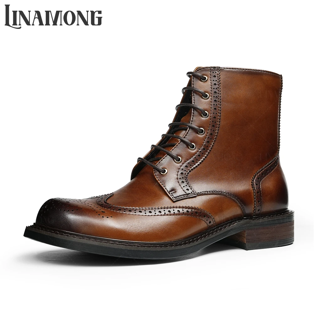 

Brogue Carving Lace-Up Boots Vintage Style Genuine Leather Handmade Boots Round Toe Cross Strap Ankle Boots Brown Black Booties