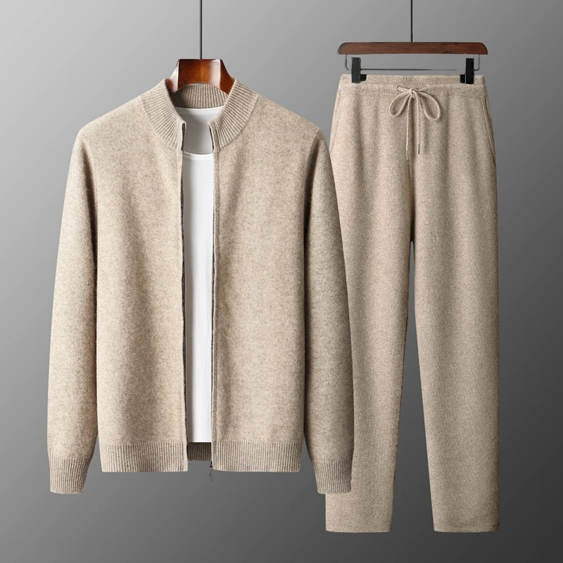 DjzDsm 100% Merino Wool Two-piece Men's Knitting Autumn Winter Thickened Slim-fit Pants Zipper Sweater Warm Suit