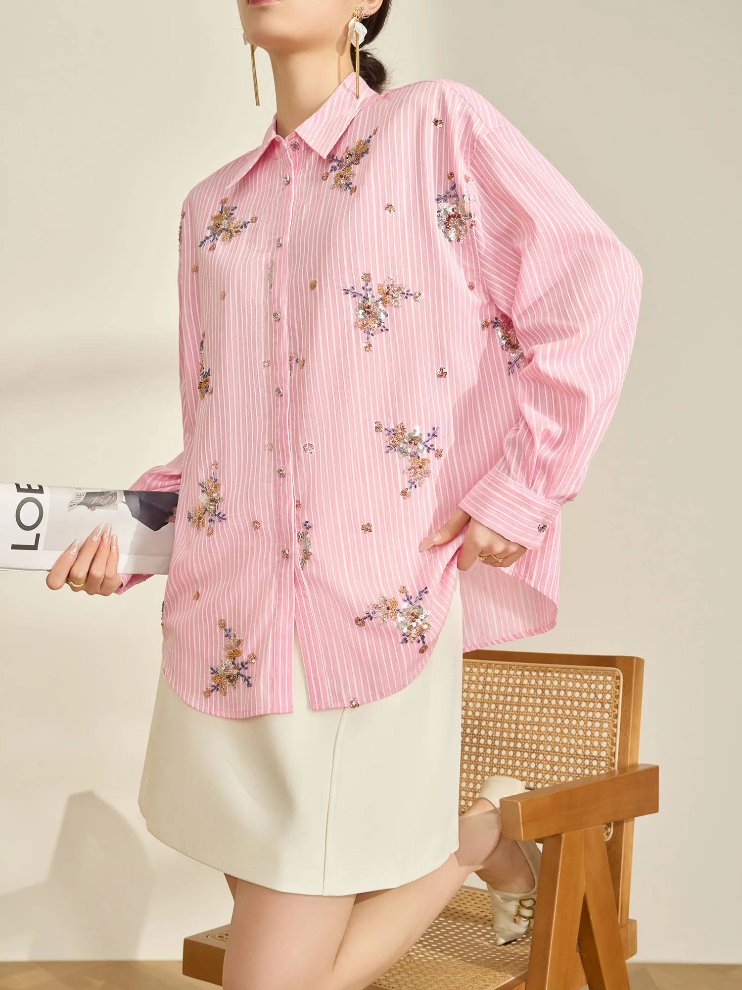 

Flowing Era Commute Style Long Sleeve Women's Shirt Embroidered Stripe Sequin Floral Design Breathable Polyester Casual Top