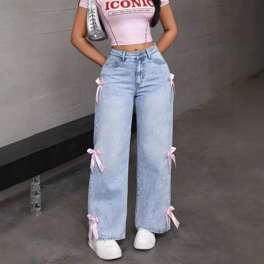 Washed Wide Leg Denim Jeans Women's High Waist  Knot Trendy Hot Pants Cross-Border Loose Fit Straight Cut