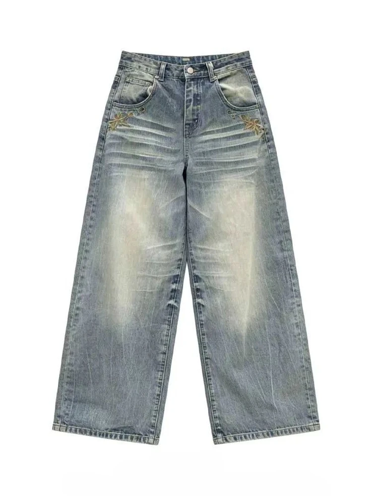 Women's Retro Embroidery Design Wide Leg Pants Street Blue Jeans Cool Girl High Waisted Sweatpants Female Vintage Loose Trousers