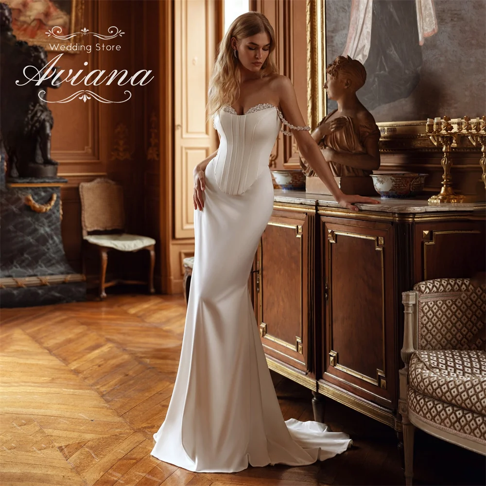 

Aviana Customized Sweetheart Pearls Off The Shoudler Mermaid Wedding Dress Court Train Stain Sleeveless Floor Length Lace Up
