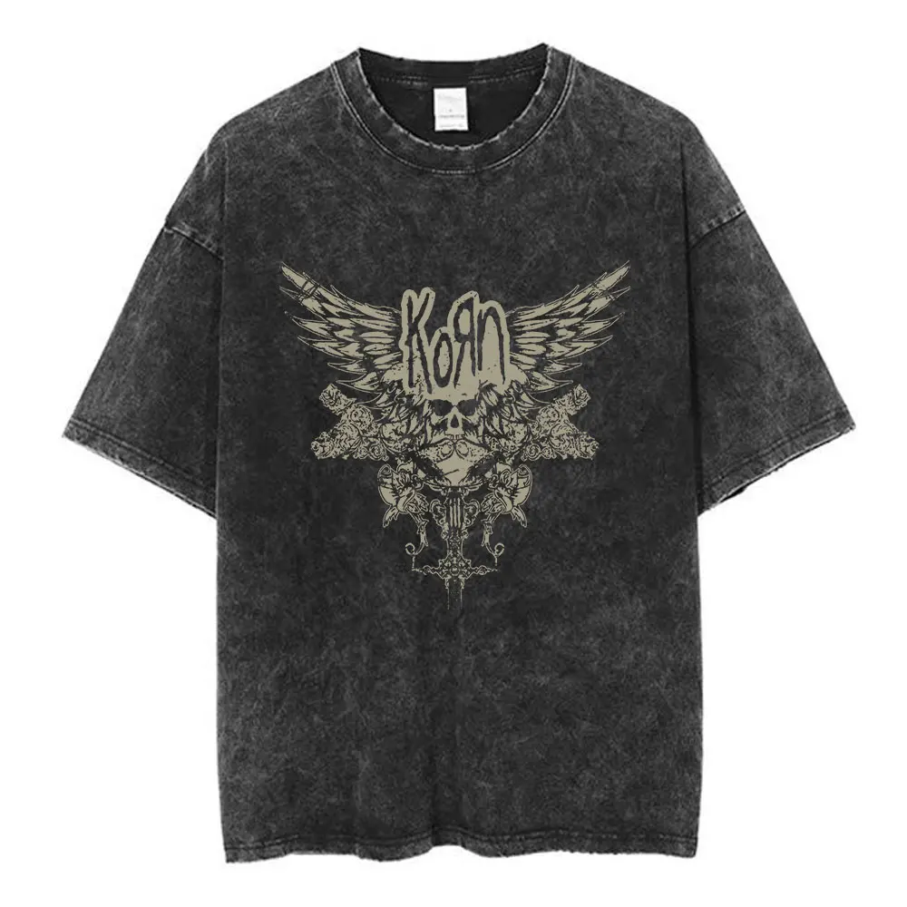 Korn Skull Wings Girls Juniors Black Washed T Shirt Metal Gothic Rock Band T Shirts Men's Vintage Oversized T-shirts Streetwear