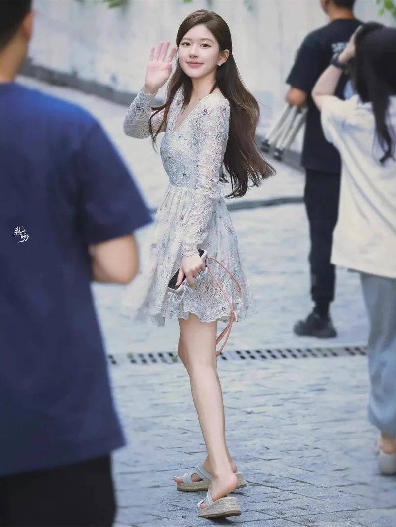 Xu Wo Yaoyan Cosplay Kleid Frühling Sommer Zhao Lusi Gleichen Stil Kleid Stickerei Hohl Druck Süße Nachbar Mädchen Erste Liebe Kleid