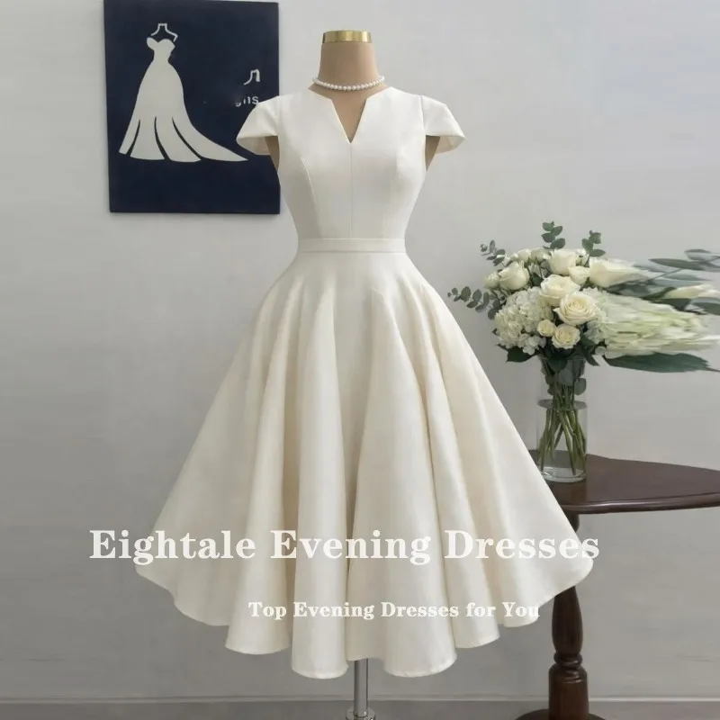 Eightale Arabic Wedding Dress Customized Ivory V-Neck Bridal Gown Cap Sleeves Muslim Short A-Line Bride Party Dress