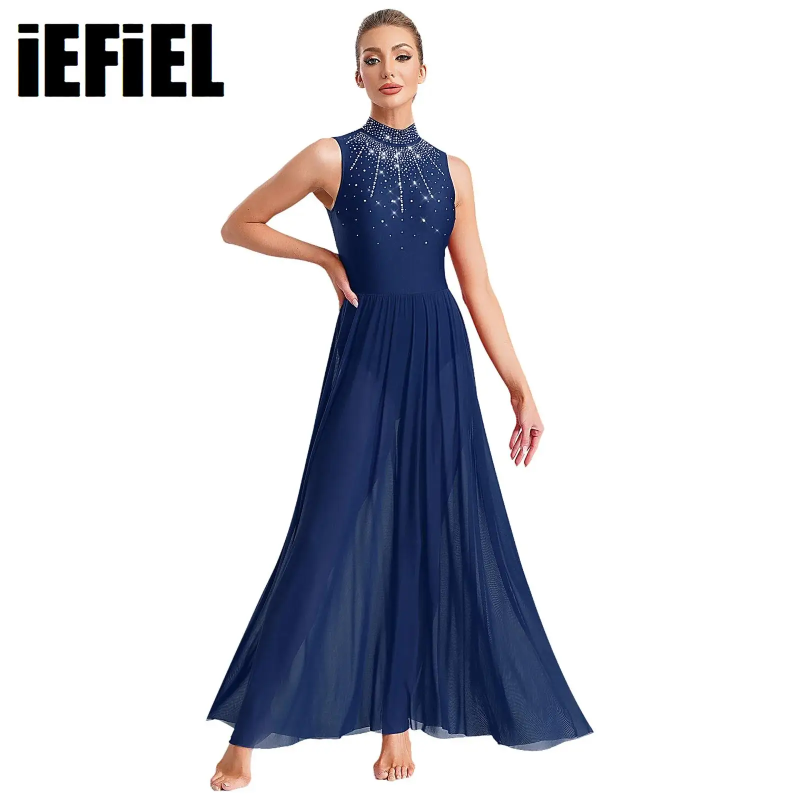 

Womens Lyrical Dance Dresses Sleeveless Mock Neck Cutout Back Wide Hemline Shiny Rhinestones Dress