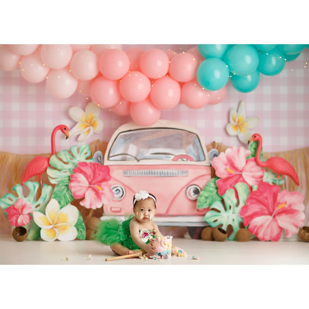 Fond de photo d'été flamant rose rouge pour enfants, toile de fond de photographie Smash, accessoires de studio photo, fleur tropicale, insecte, gâteau d'anniversaire