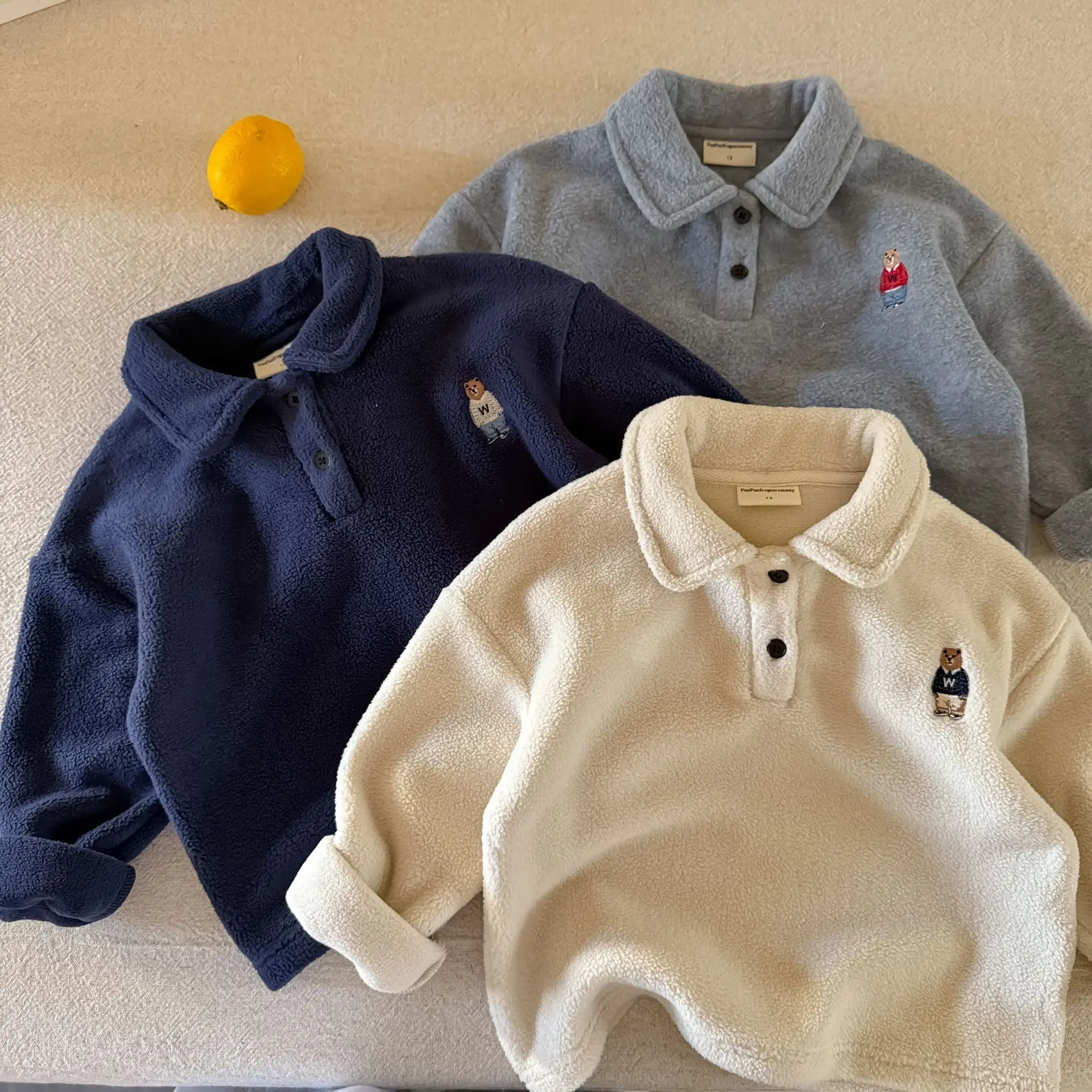 

2025 Winter New Children Fleece Sweatshirt Cartoon Bear Embroidery Girls Warm Pullover Plus Velvet Thick Kids Boys Polo Shirts