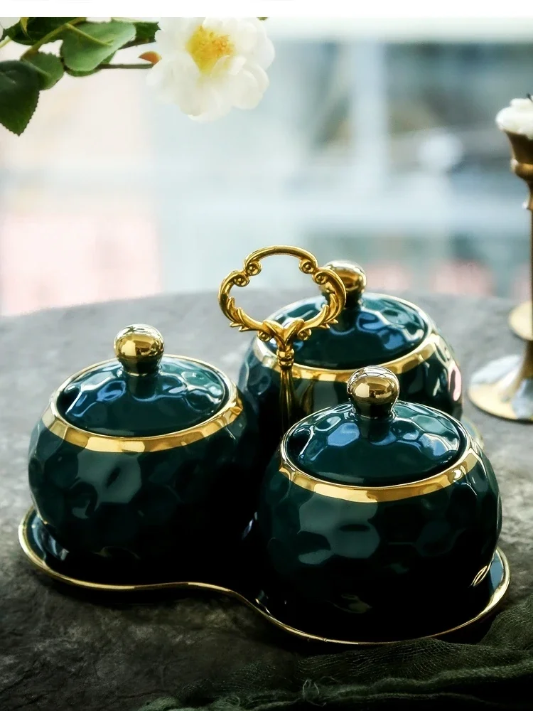 Cahaya mewah emerald keramik tangki penyimpanan bumbu dapur jar rumah tangga kotak botol minyak garam
