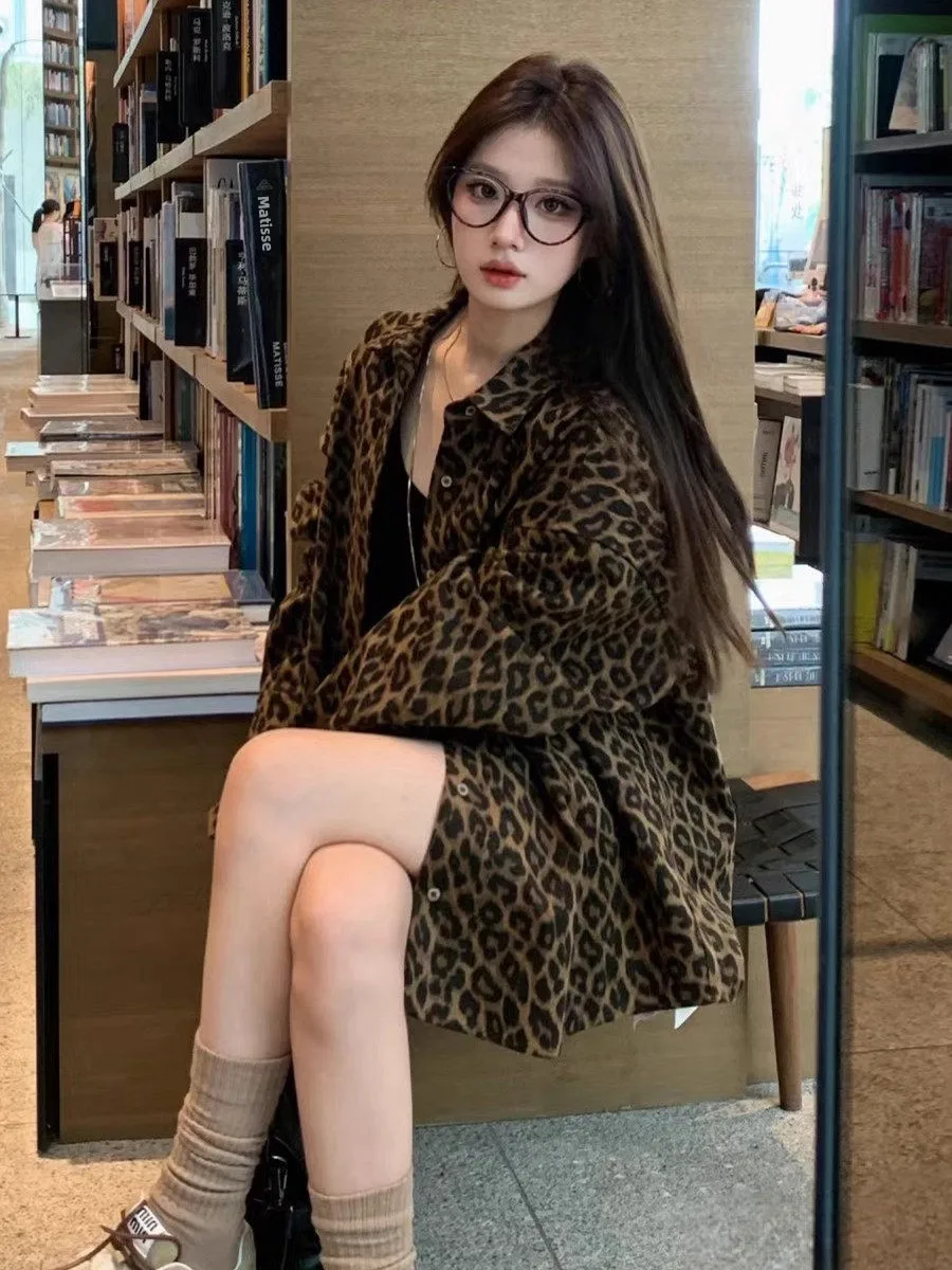 

Retro American Leopard Print Long Sleeve Shirt Jacket Women's Loose Casual Style Spring Autumn New Fashion Top