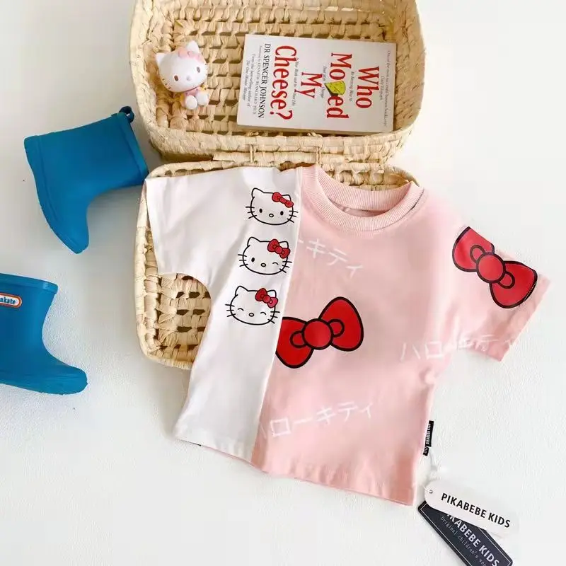 

Hello Kitty Summer New Children's Clothing Cotton Girls Cute Printed Bow Top Kid's Fashion Round Neck Contrast Color T-Shirt