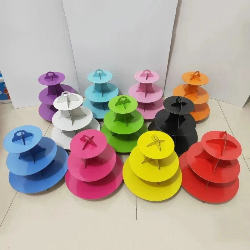 2025 new paper three-layer solid color birthday cake stand party banquet dessert display stand (three-piece)