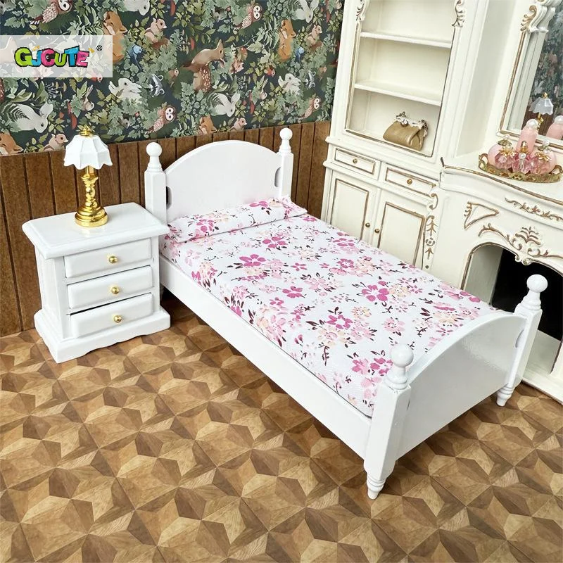 1:12 인형집 미니어처 나무 싱글 침대 협탁 세트 모델 인형집 침실 장면 장식품 역할 놀이 장난감 DIY