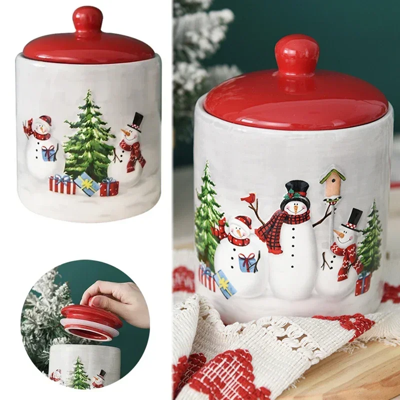 Christmas Snowman Porcelain Jar Creative Large Round Sealed Food Container Ceramic Snack Cookies Storage Kitchen Tools for Gifts