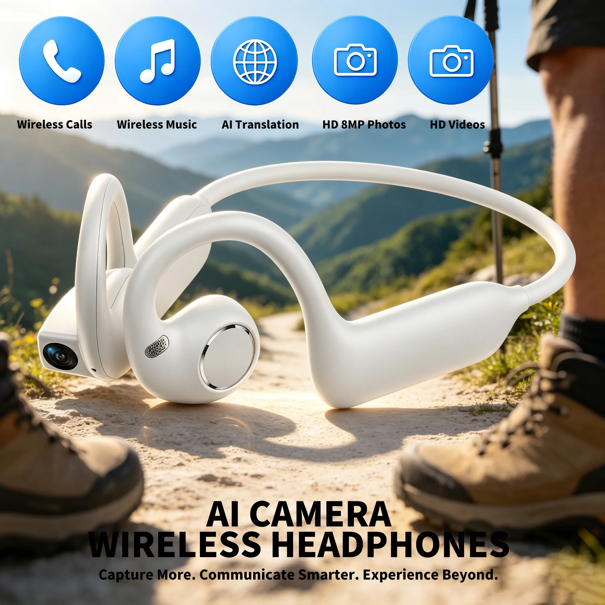 Écouteurs ouverts E12 avec caméra HD, traducteur vocal IA, écouteurs de sport sans fil Bluetooth pour la course, le vélo et le vlog