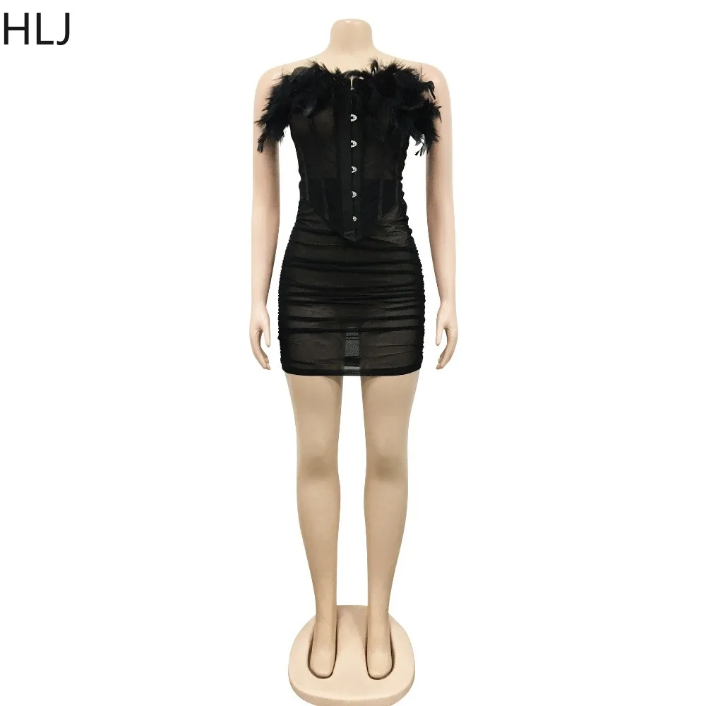 HLJ Feathers Mesh Two Piece Sets Women Outfits for Night Club Party Birthday Strapless Corset Crop Top + Bodycon Mini Skirts Set