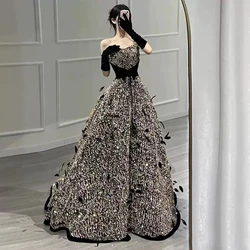 Shiny Sequins Celebrity Dress Boat Neck Feather Lace Up Pleat A-Line Simple Black Plus Size Quincenara Women Prom Party Gowns