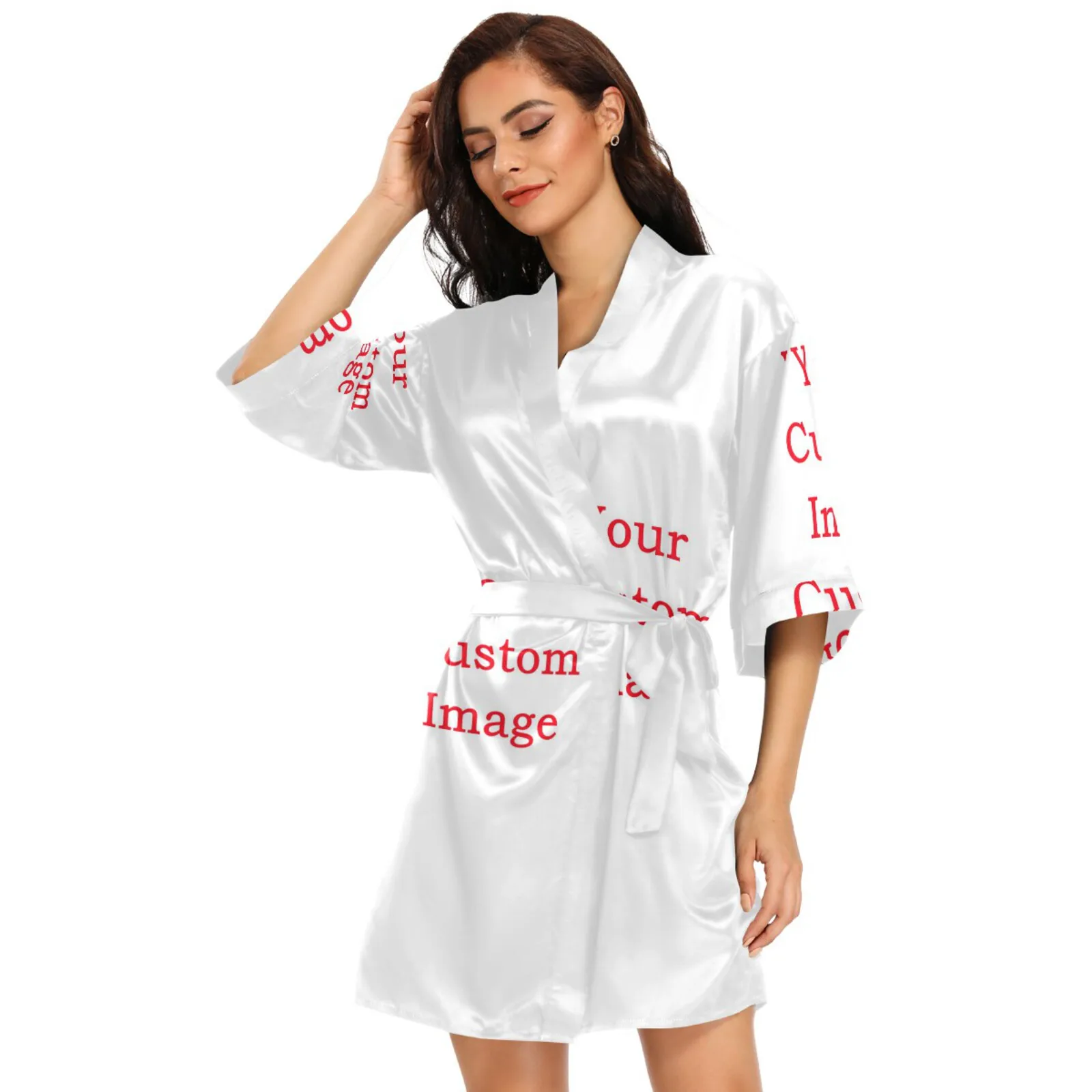 Fashion Custom Women Wrap Dress Sexy V Neck Short Sleeve Bathrobe Satin Robe Casual Loose Home Wear Pajamas Lounge Sleepshirt