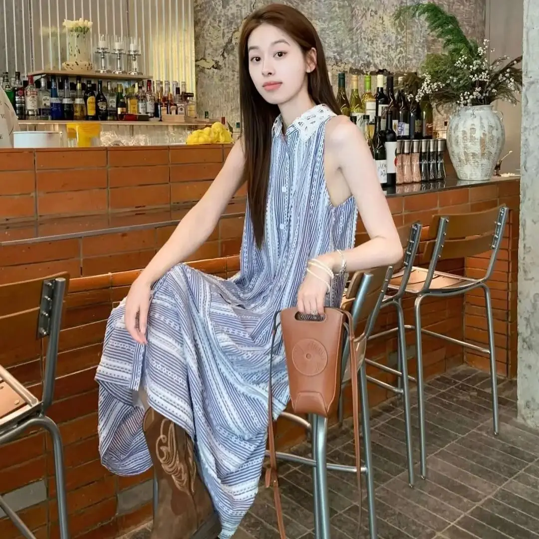 Striped Sleeveless Dress Mid Length Turndown Collar Lady Casual Sleeveless Printed Dress Women Comfortable Loose Spring Summer